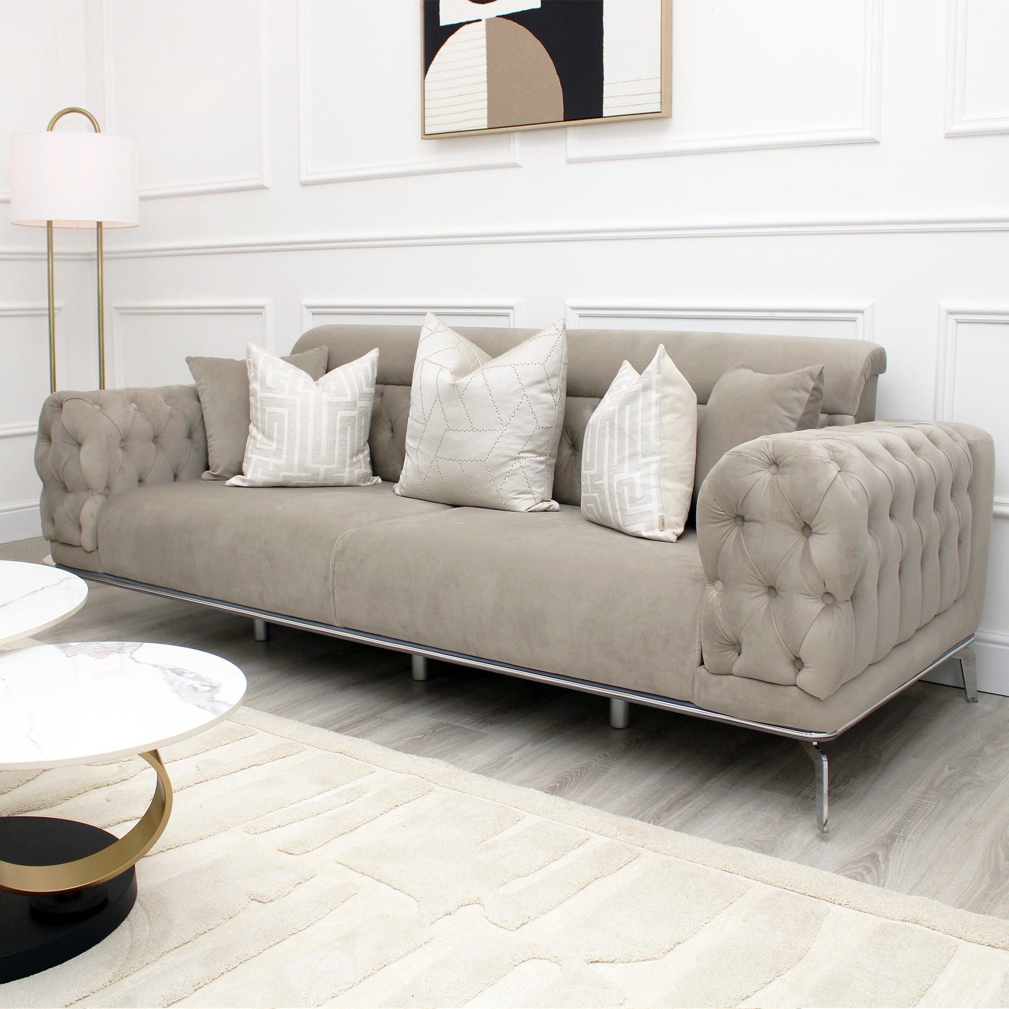 Yasmin Light Grey Velvet 3 Seater Sofa With Silver Legs